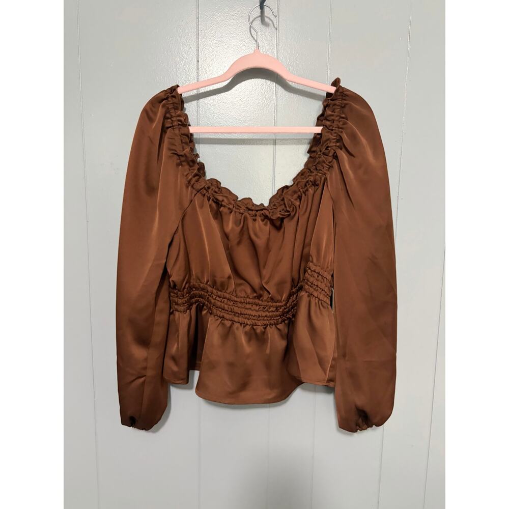 NEW Eloquii Brown Satin Elastic Waist Off the Shoulder Puff Sleeves Top 14 - Picture 3 of 10